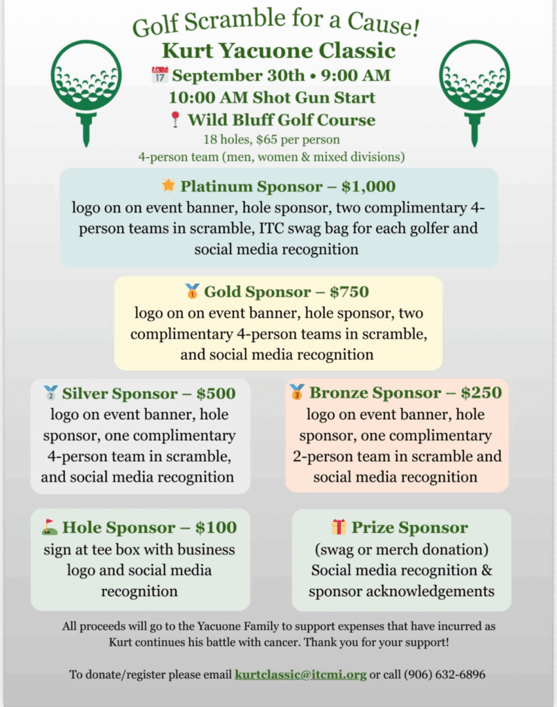 Golf Scramble for a Cause! Kurt Yacuone Classic 10 am Shot Gun Start Wild Bluff Golf Course 18 Holes $65 per person 4-person team (men, women & mixed divisions) Platinum Sponsor - $1000 logo on event banner, hole sponsor, two complimentary 4-person teams in scramble, ITCM swag bag for each golfer and social media recognition. Gold Sponsor - $750 Logo on event banner, hole sponsor, two complimentary 4-person team in scramble, and social media recognition. Silver Sponsor - $500 Logo on event banner, hole sponsor, one complimentary 4-person team in scramble, and social media recognition. Bronze Sponsor - $250 Logo on event banner, hole sponsor, one complimentary 2-person team in scramble and social media recognition. Hole Sponsor - $100 sign at tee box with business logo and social media recognition. Prize Sponsor (swag or merch donation) Social media recognition & sponsor acknowledgements. All proceeds will go to the Yacuone Family to support expenses that have incurred as Kurt continues his battle with cancer. Thank you for your support! To donate/register please email kurtclassic@itcmi.org or call 906-632-6896