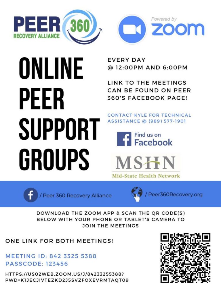ONLINE PEER SUPPORT GROUPS EVERY DAY @ 12:00PM AND 6:00PM LINK TO THE MEETINGS CAN BE FOUND ON PEER 360'S FACEBOOK PAGE! CONTACT KYLE FOR TECHNICAL ASSISTANCE @ (989) 577-1901 Find us on _flFacebook MSHN Mid-State Health Network f / Peer 360 Recovery Alliance / Peer360Recovery.org DOWNLOAD THE ZOOM APP & SCAN THE QR CODE(S) BELOW WITH YOUR PHONE OR TABLET'S CAMERA TO JOIN THE MEETINGS ONE LINK FOR BOTH MEETINGS! MEETING ID: 842 3325 5388 PASSCODE: 123456 HTTPS://USO2WEB.ZOOM.US/J/84233255388? PWD=K1JECJIVTEZKD2J5SVZFOXEVRMTAQT09