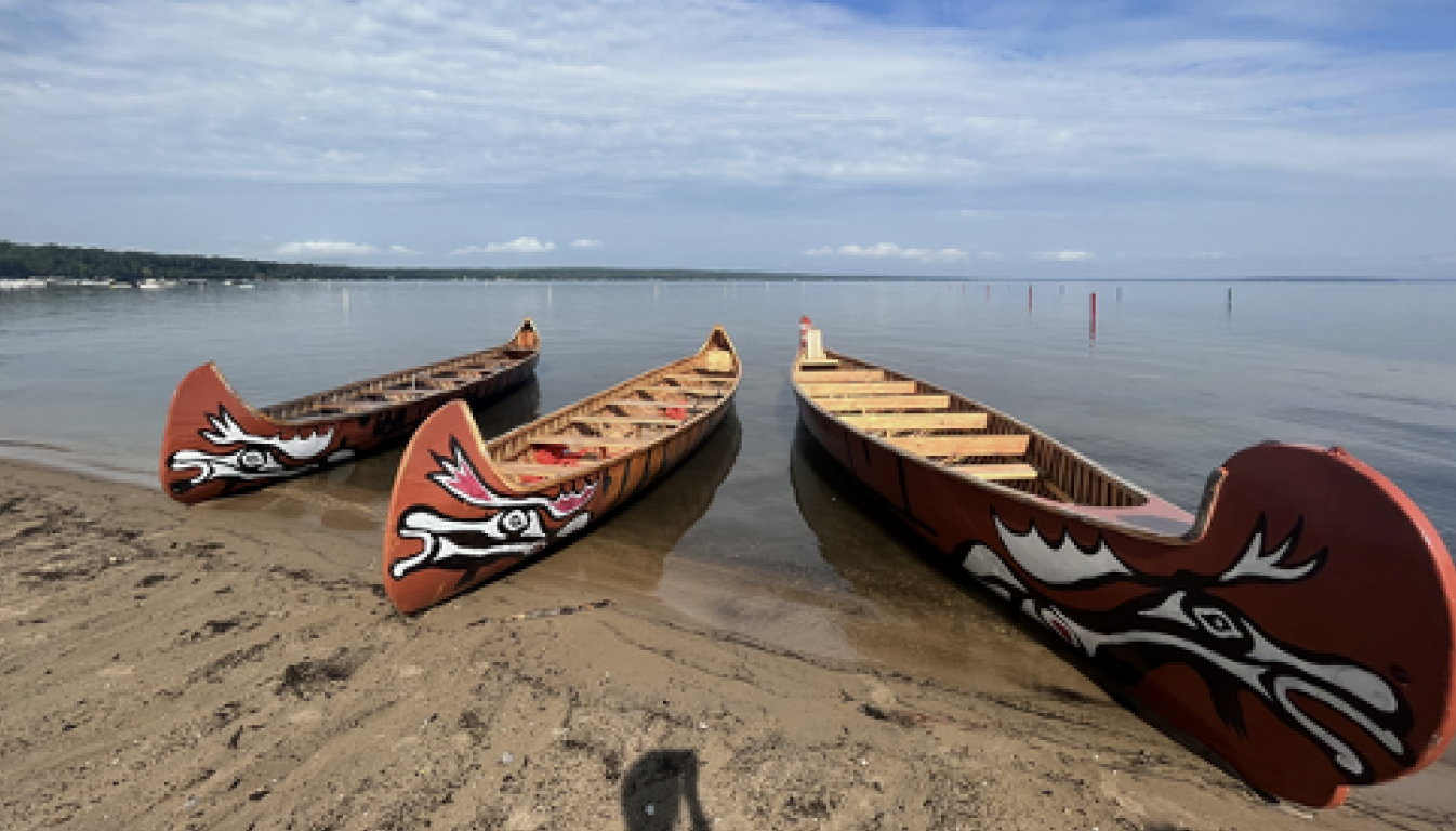 Three traditional canoes on the shoreline.